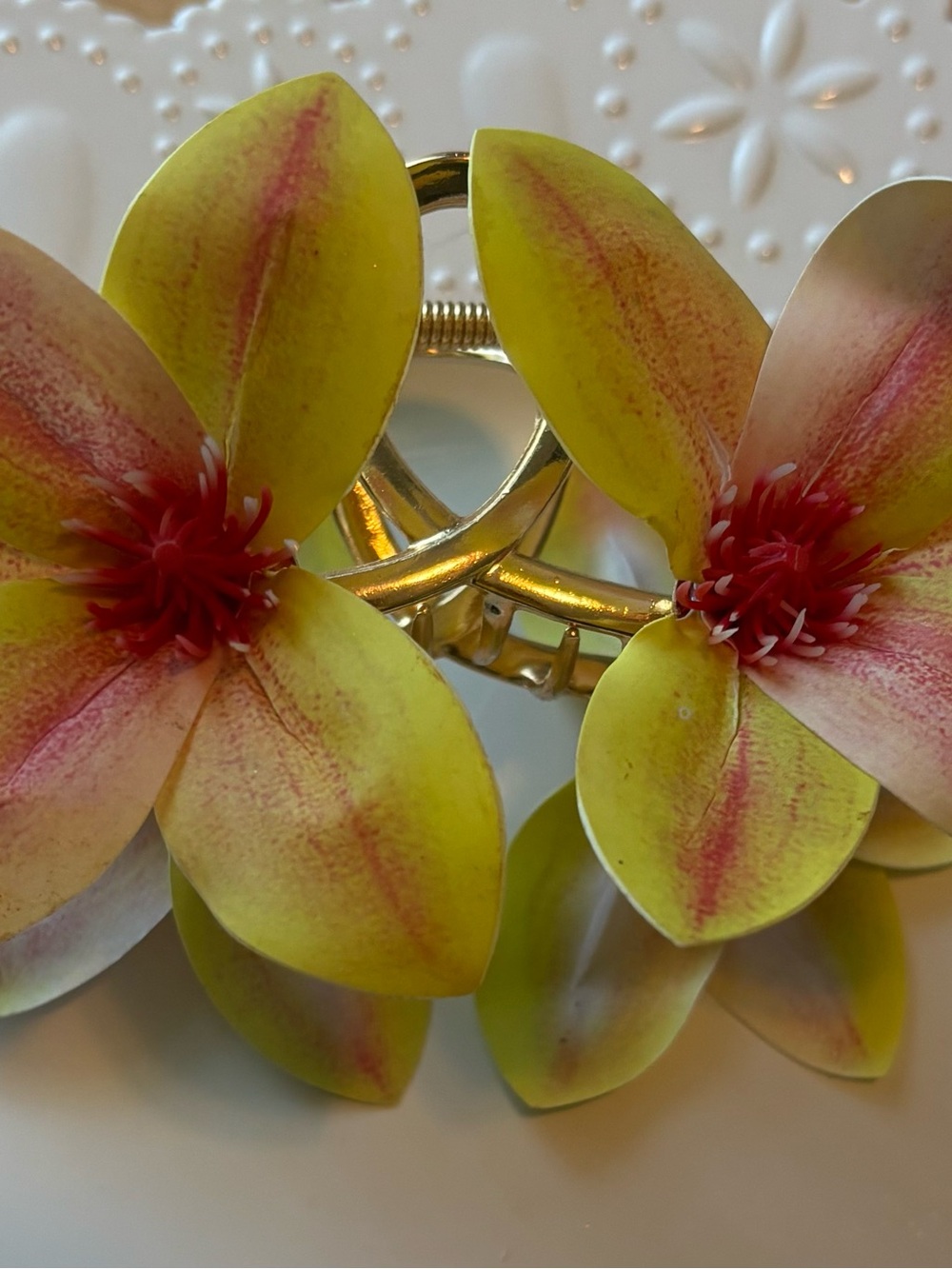 Yellow Floral Double Clip Hair Accessory with Pink Center